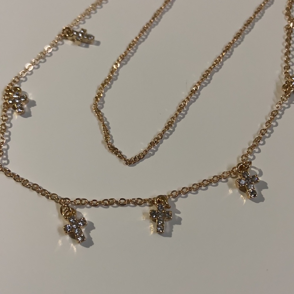 Charm Cross Double Chain Necklace Rhinestone - Picture 11 of 12